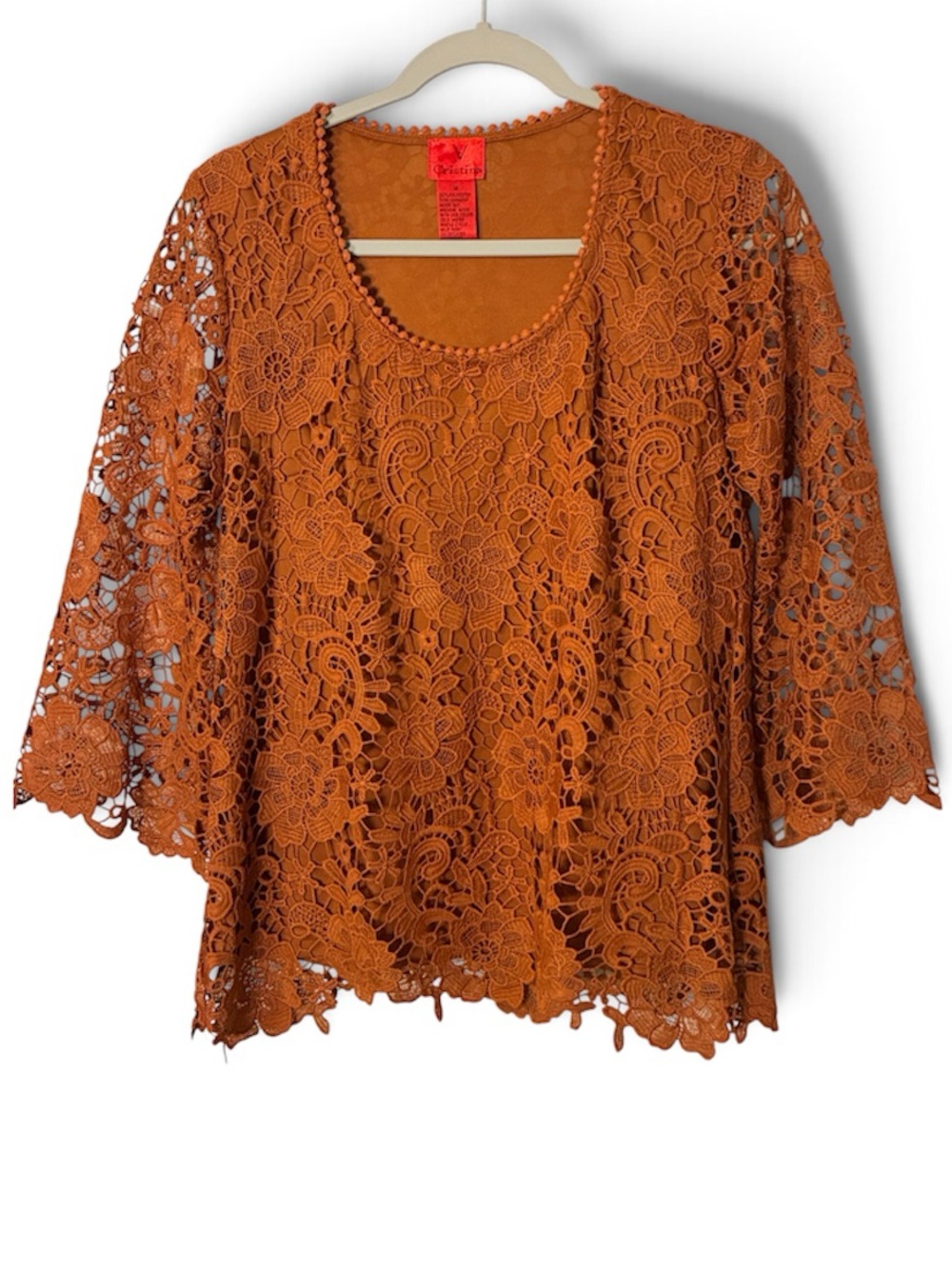 V Christina Floral Crochet Lace Blouse Rust Orange Boho Scoop Neck Top Medium